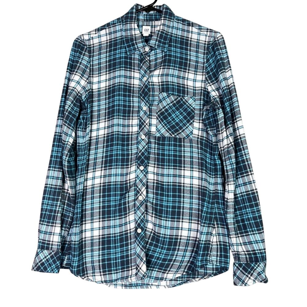 GAP Button Up Flannel Shirt Blue Plaid Women's Size XS 100% viscose